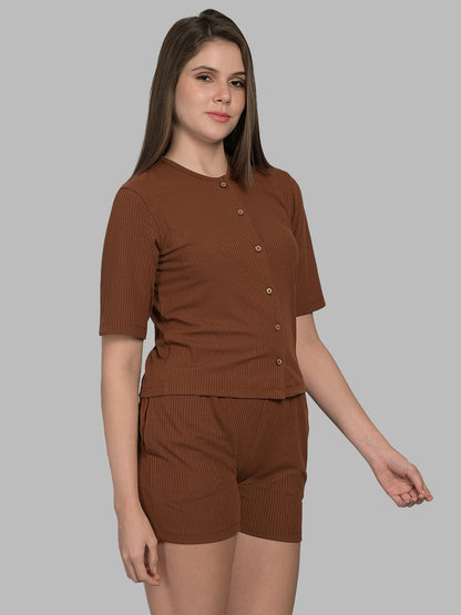 Round Neck Brown Half Sleeve Tshirt & Shorts Set