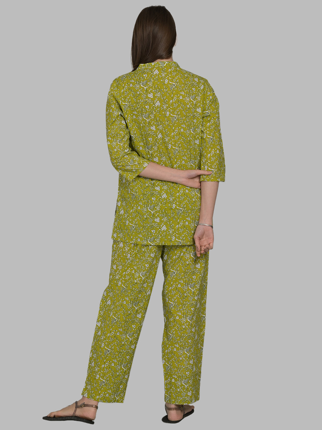 Round Neck Green 3/4Th Sleeve Printed Co-Ord Set