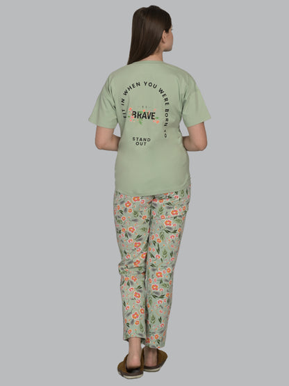 Round Neck Green Half Sleeve T shirt & Pyjama Set