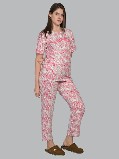 Round Neck Pink Half Sleeve Tshirt & Pyjama Set