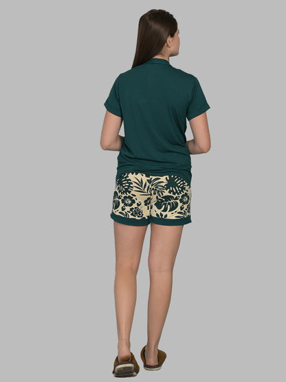 V Neck Green Half Sleeve Tshirt & Shorts Set