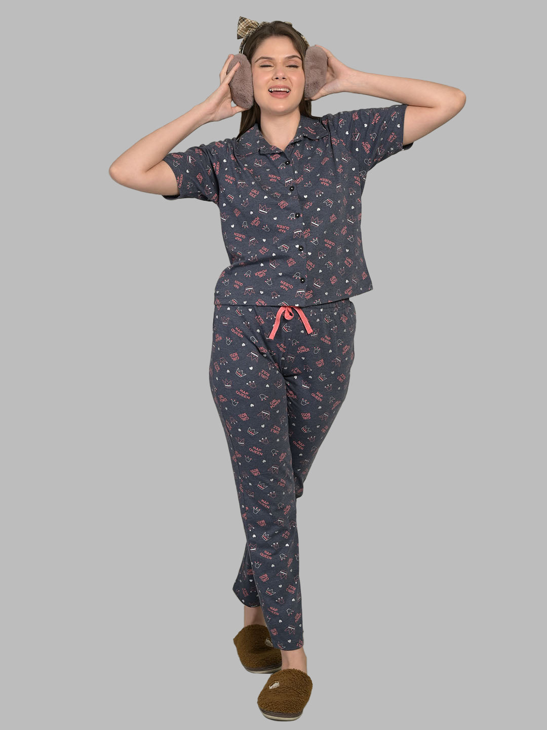 Navy Blue Half Sleeve Top & Pyjama Set