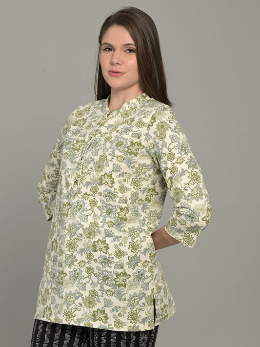 V Neck Green 3/4Th Sleeve Short Kurti