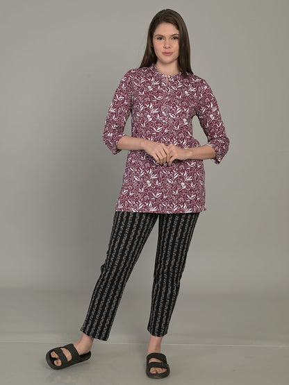 V Neck Wine 3/4Th Sleeve Short Kurti