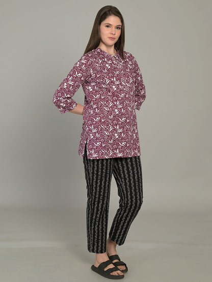 V Neck Wine 3/4Th Sleeve Short Kurti