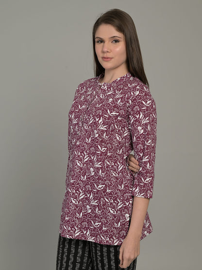 V Neck Wine 3/4Th Sleeve Short Kurti