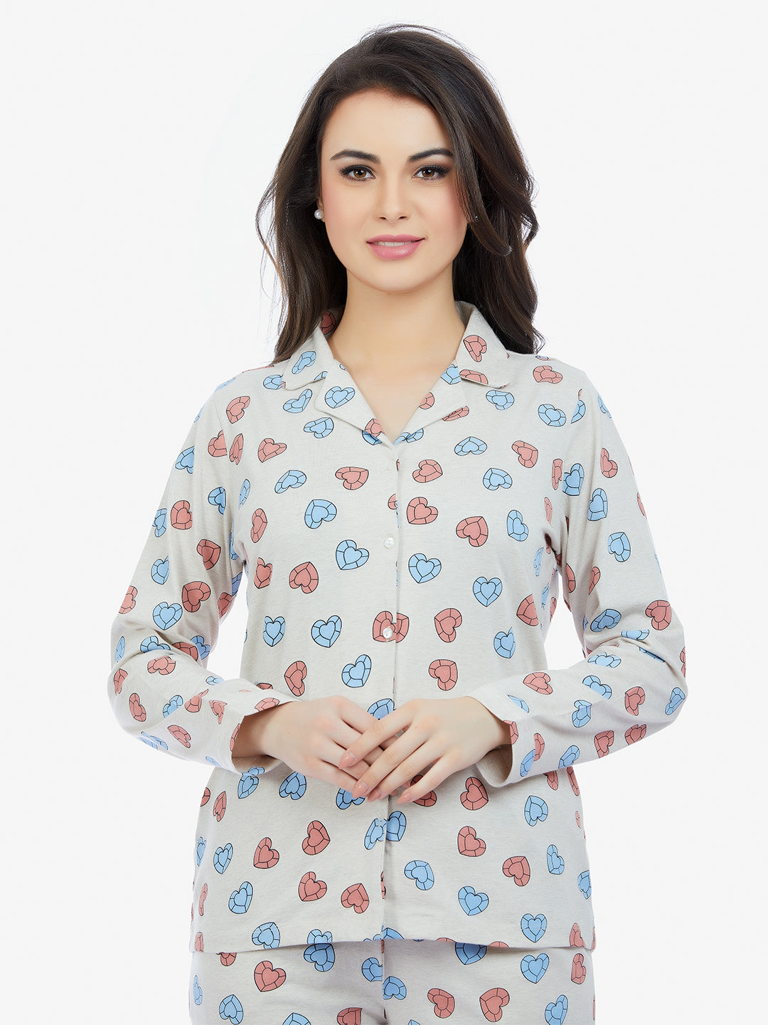 Maysixty Women Oatmeal Melange  Full Sleeve T-Shirt & Pyjama