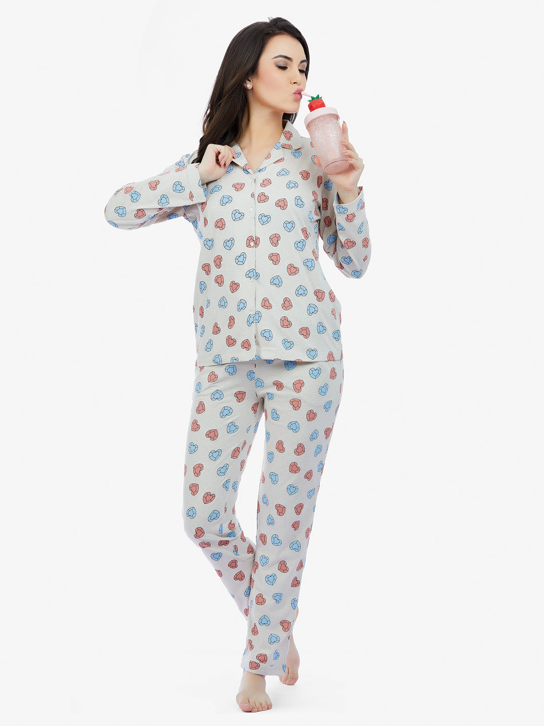 Maysixty Women Oatmeal Melange  Full Sleeve T-Shirt & Pyjama