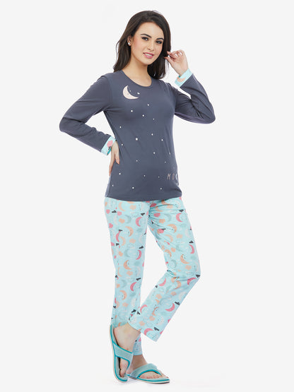 Maysixty® Women 100% Cotton Blue Printed Full Sleeve T-Shirt With Pyjama