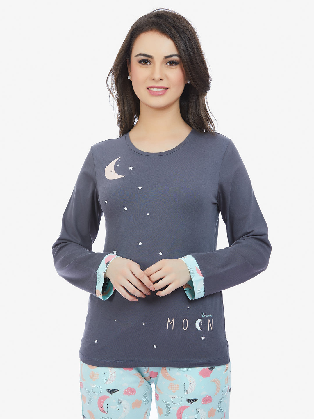 Maysixty® Women 100% Cotton Blue Printed Full Sleeve T-Shirt With Pyjama