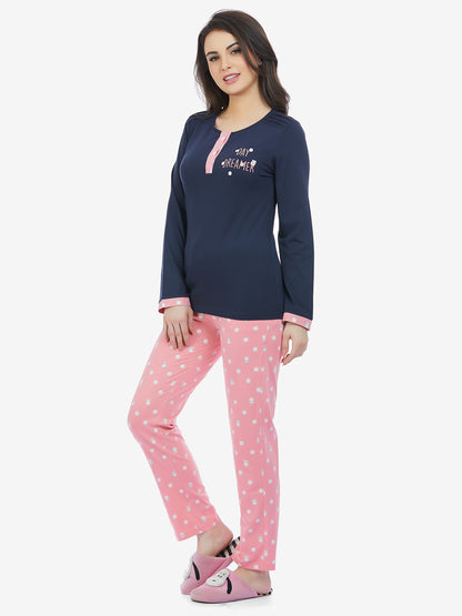 Maysixty Women English Navy Full Sleeve T-Shirt & Pyjama