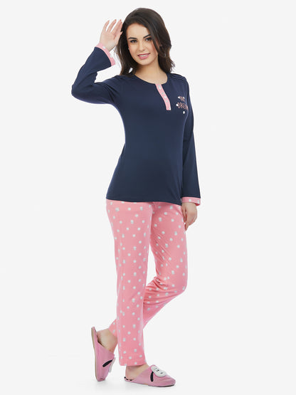 Maysixty Women English Navy Full Sleeve T-Shirt & Pyjama