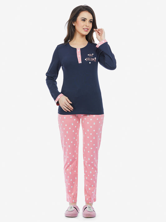 Maysixty Women English Navy Full Sleeve T-Shirt & Pyjama