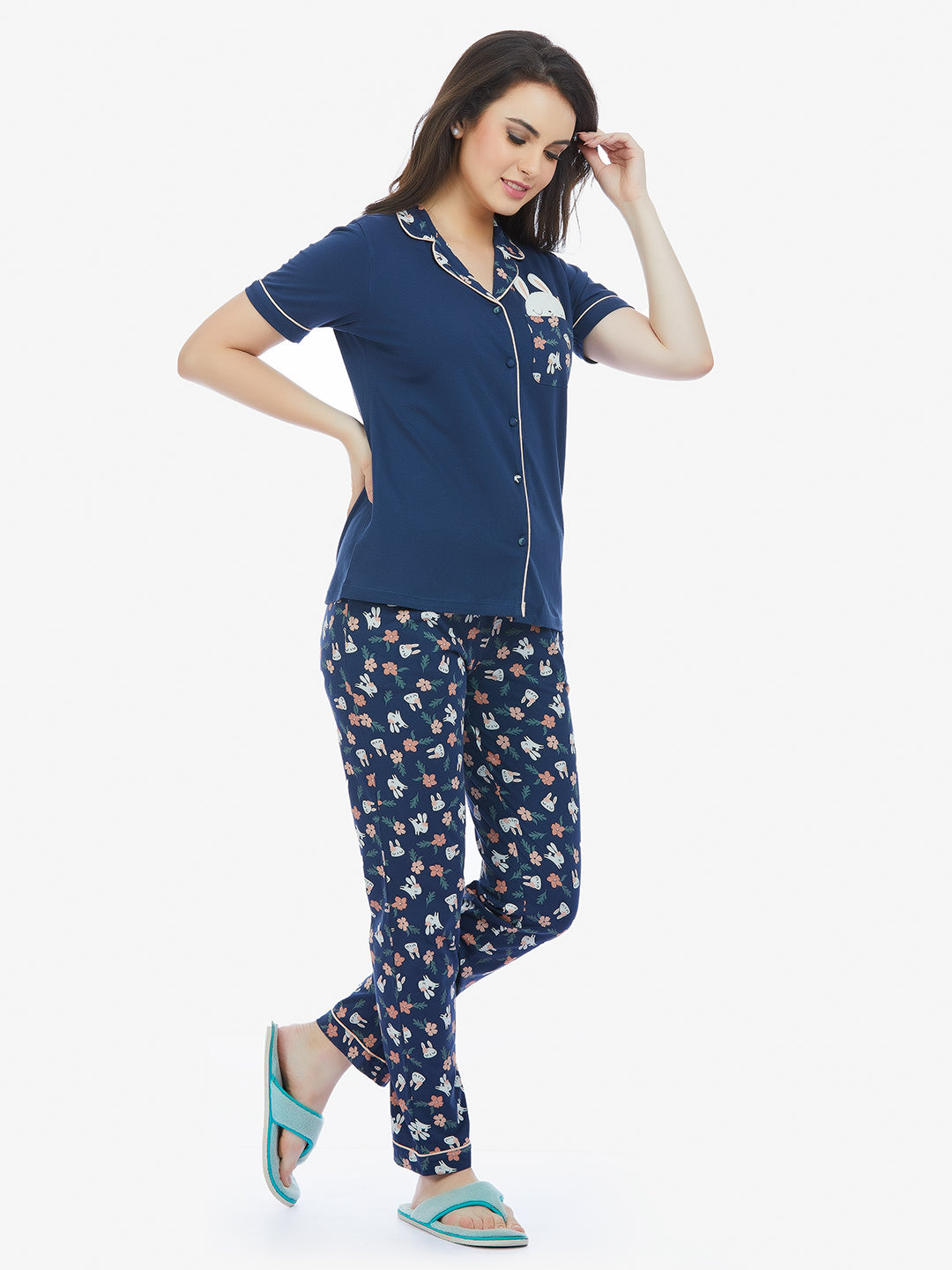 Women English Navy Front Open Half Sleeve T-Shirt & Pyjama