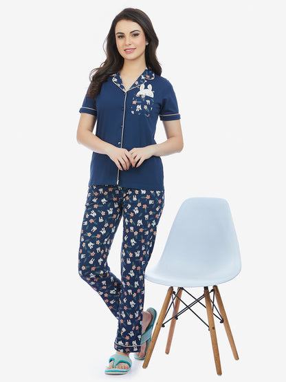 Women English Navy Front Open Half Sleeve T-Shirt & Pyjama