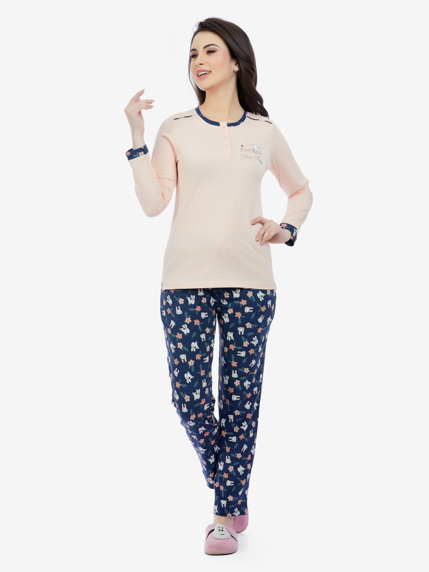 Maysixty Women Pale Blush Full Sleeve T-Shirt & Pyjama