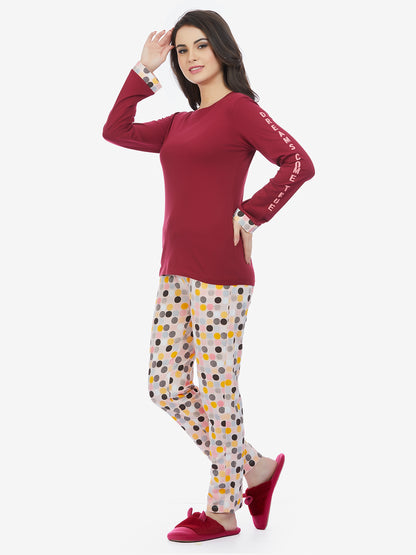 Maysixty® Women 100% Cotton Maroon Printed Full Sleeve T-Shirt With Pyjama