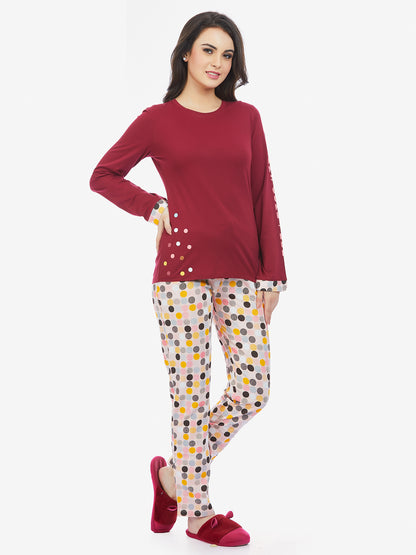 Maysixty® Women 100% Cotton Maroon Printed Full Sleeve T-Shirt With Pyjama