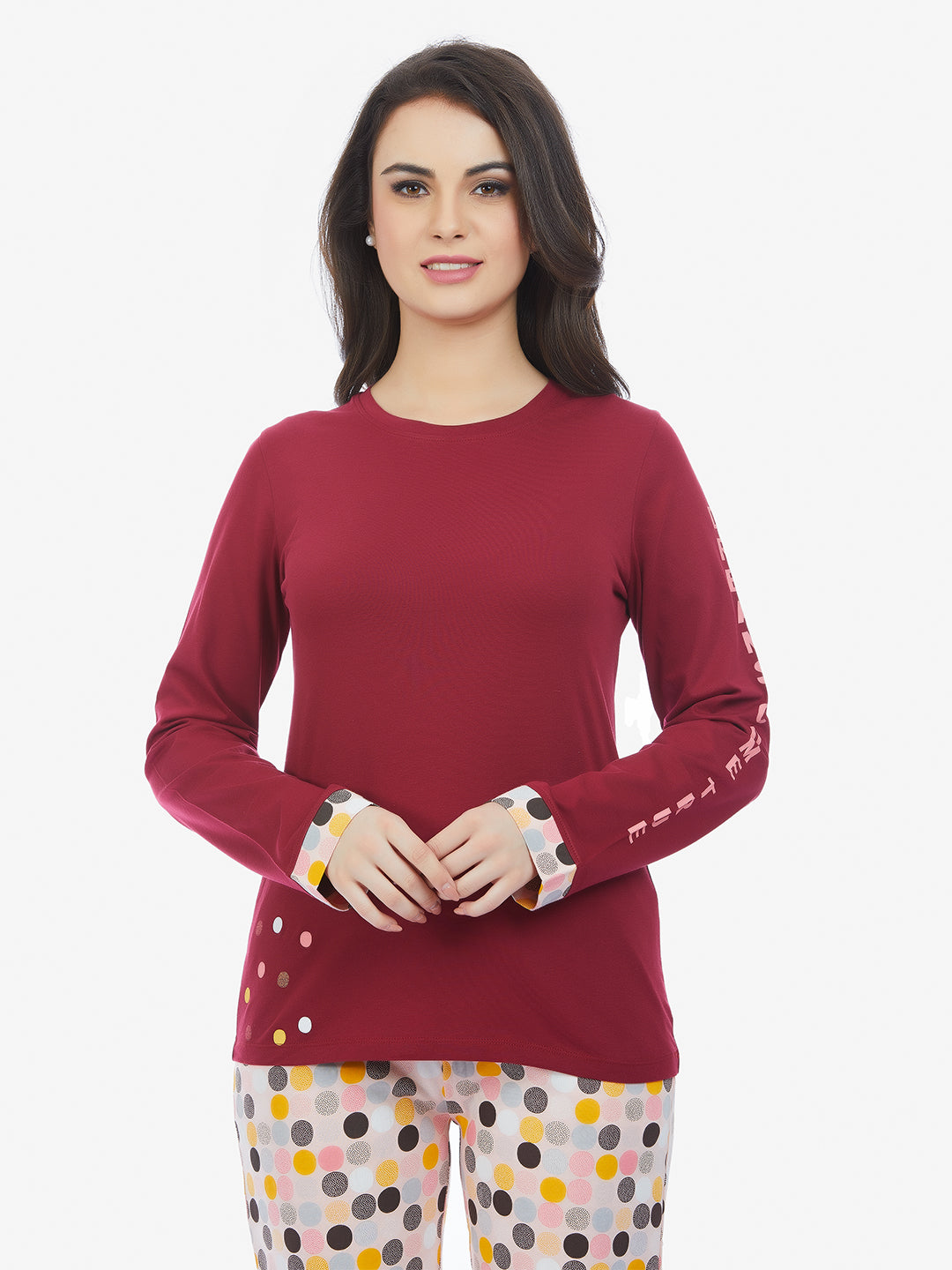 Maysixty® Women 100% Cotton Maroon Printed Full Sleeve T-Shirt With Pyjama