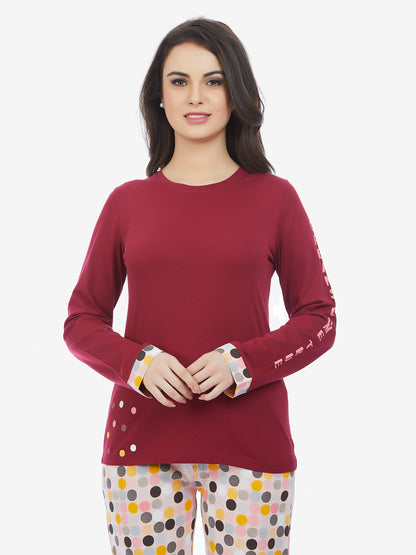 Maysixty® Women 100% Cotton Maroon Printed Full Sleeve T-Shirt With Pyjama