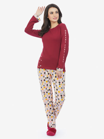 Maysixty® Women 100% Cotton Maroon Printed Full Sleeve T-Shirt With Pyjama