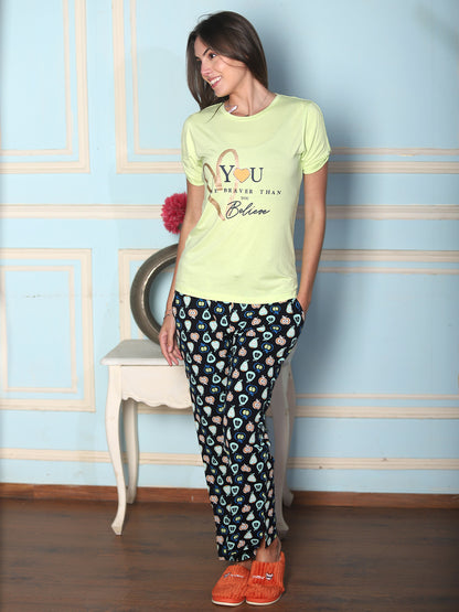 Round Neck Green Half Sleeve Tshirt & Pyjama Set