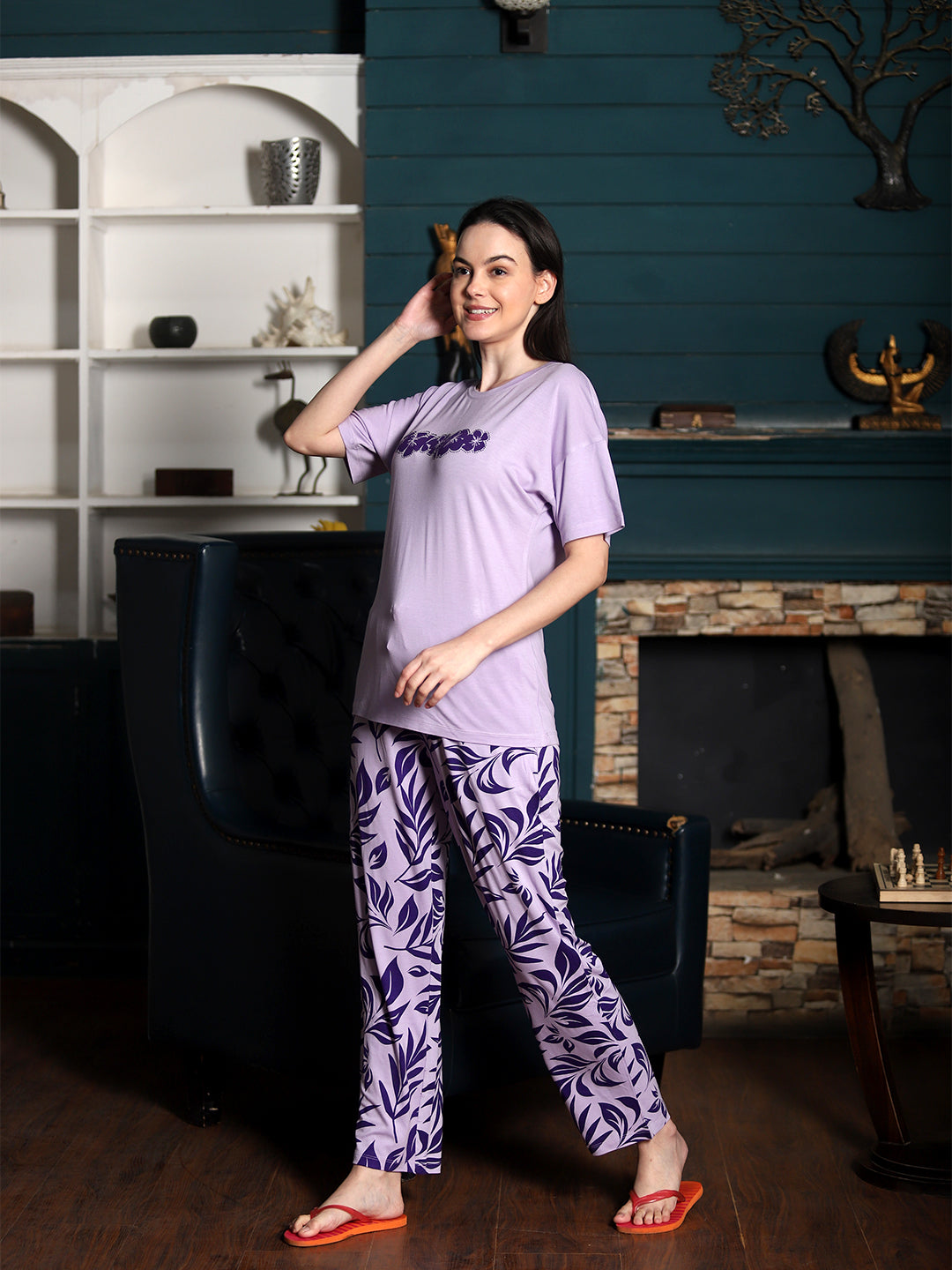 Round Neck Purple Half Sleeve Tshirt & Pyjama Set