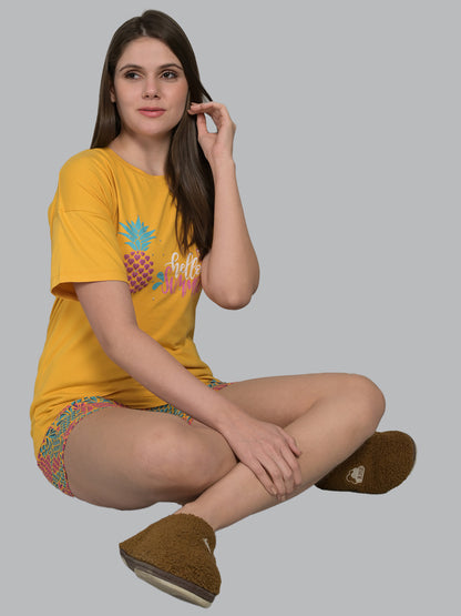 Round Neck Yellow Half Sleeve Tshirt & Shorts Set