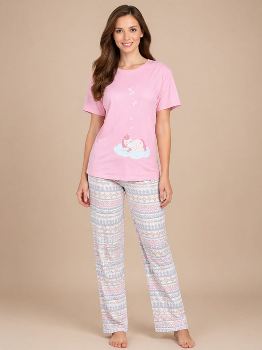 Women’s Print Half Sleeve T-Shirt & Pyjama Set – Off White