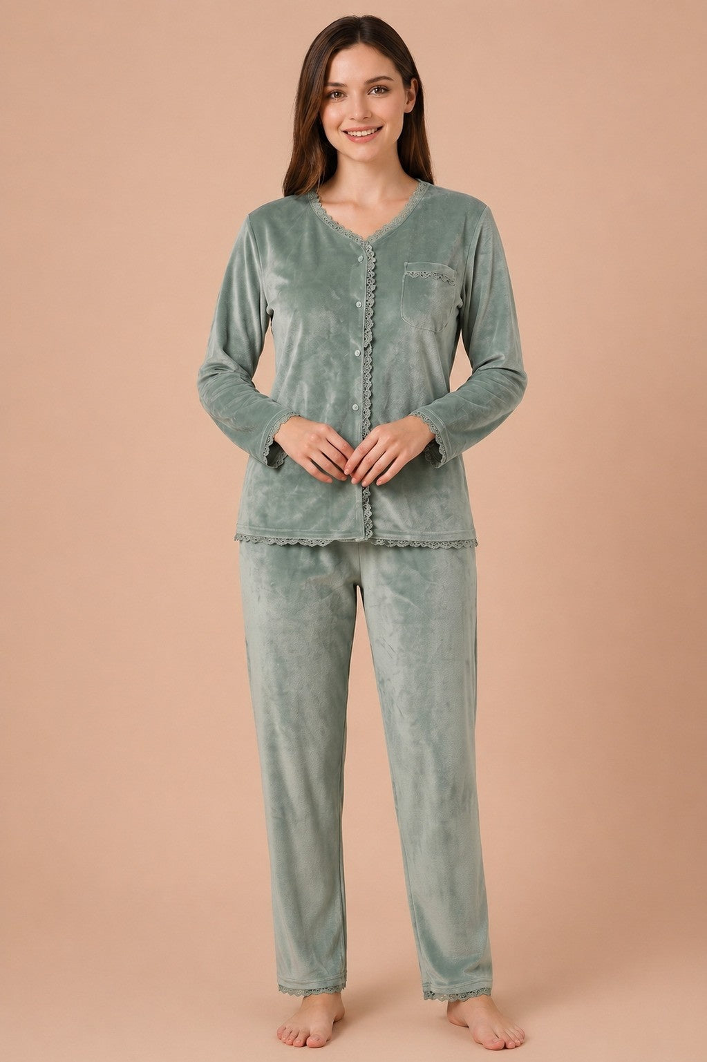 Winter Full Sleeve T-Shirt & Pant Cord Set – Sage Green
