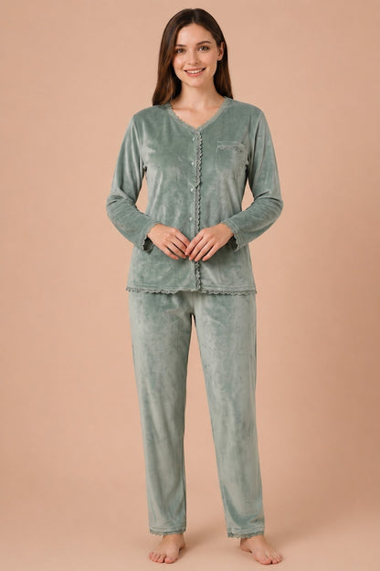 Winter Full Sleeve T-Shirt & Pant Cord Set – Sage Green