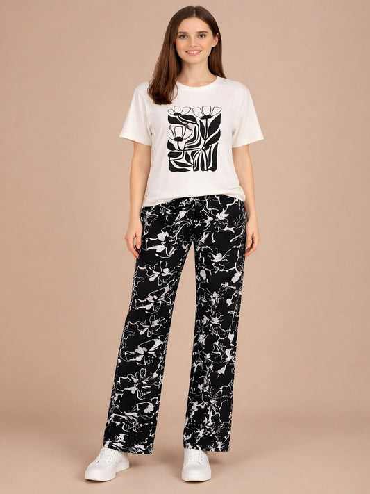 Women’s Printed Half Sleeve Cotton T-Shirt & Pyjama Set – Off White
