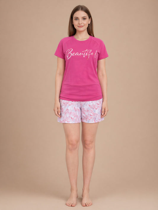 Women’s Printed Half Sleeve T-Shirt & Shorts Set – Pink