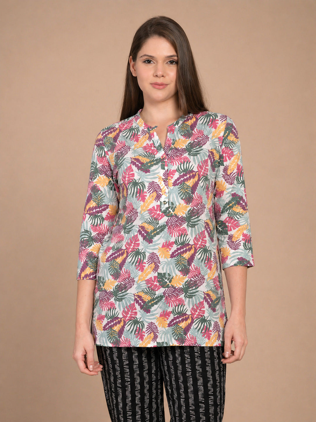 Women’s 3/4 Sleeve Printed Short Kurti – Multicolor