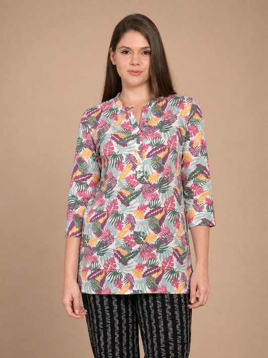 Women’s 3/4 Sleeve Printed Short Kurti – Multicolor