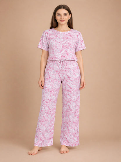 Women’s Printed Half Sleeve Top & Palazzo Set – Pink