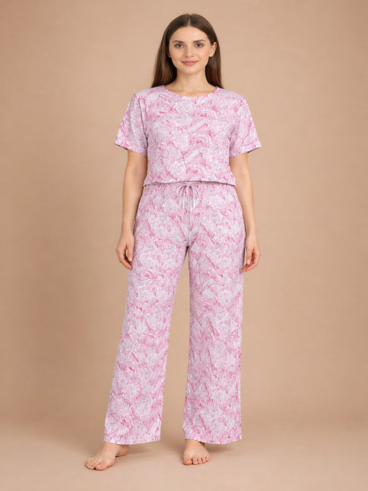 Women’s Printed Half Sleeve Top & Palazzo Set – Pink