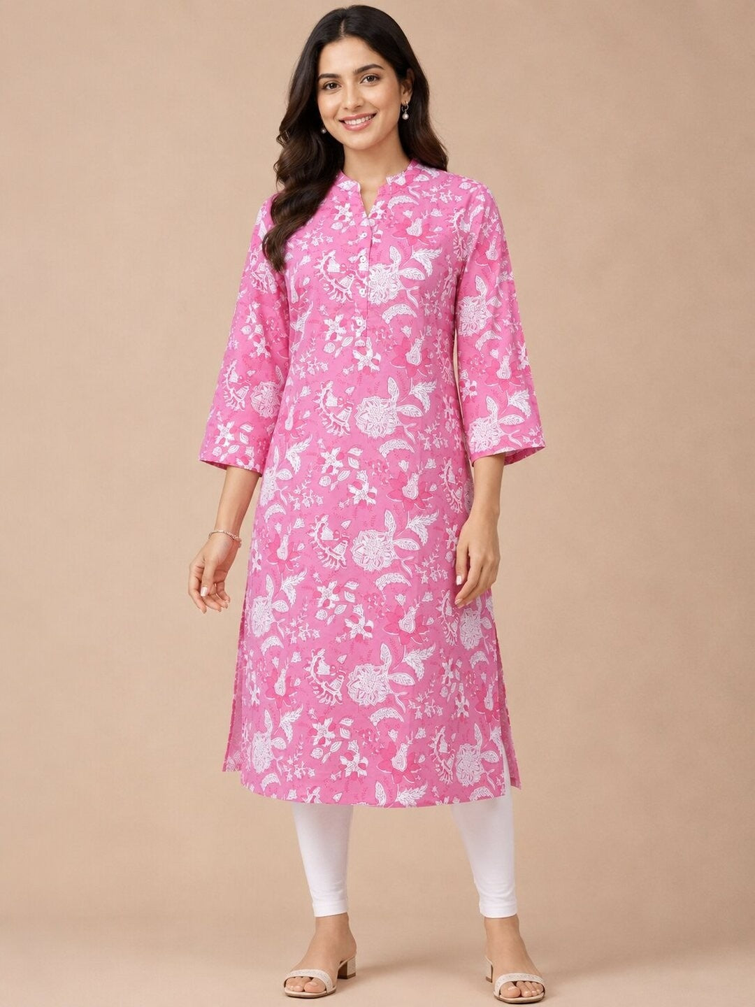 Women's Printed Casual Wear Cotton Blend Kurta - Pink
