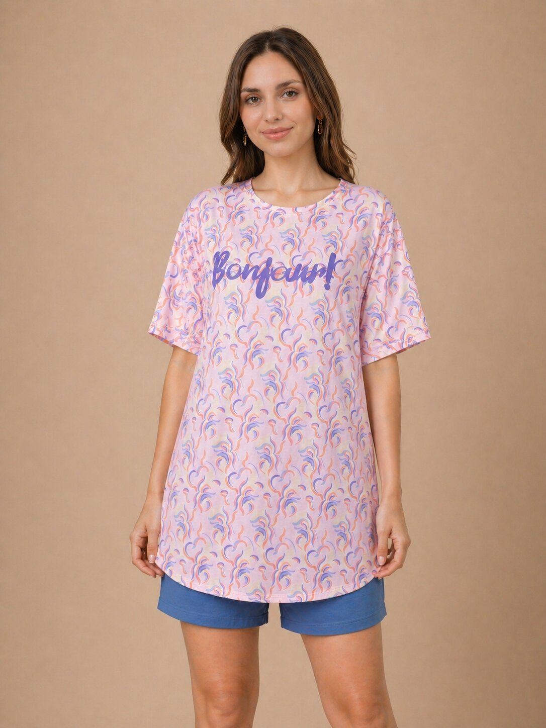 Women’s Printed Short Nighty – Peach