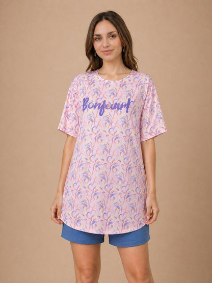 Women’s Printed Short Nighty – Peach