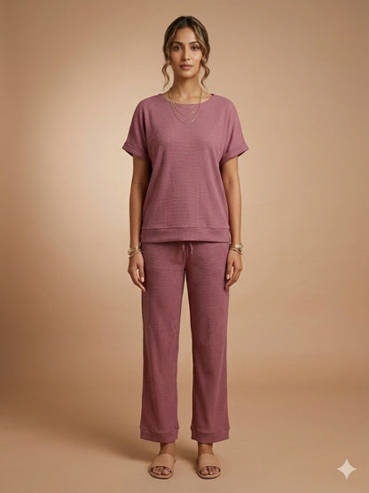 Women’s Waffle Textured Top & Bottom Set - Mauve