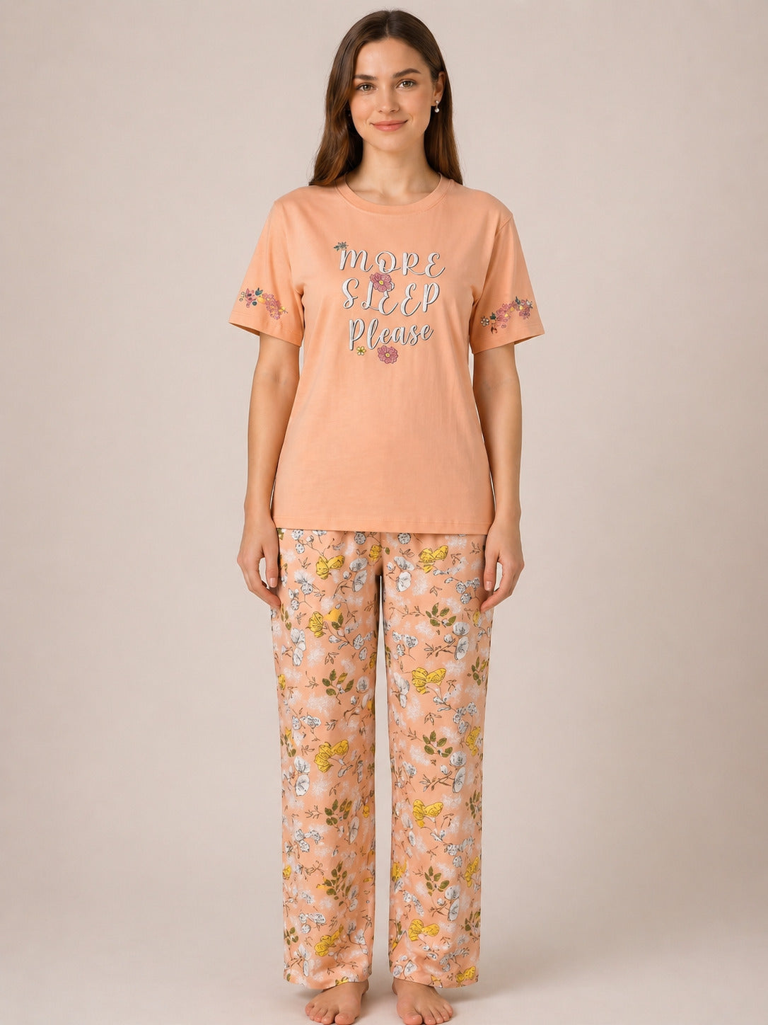 Women’s Printed Half Sleeve Rayon T-shirt & Pyjama Set Sleepwear - Coral