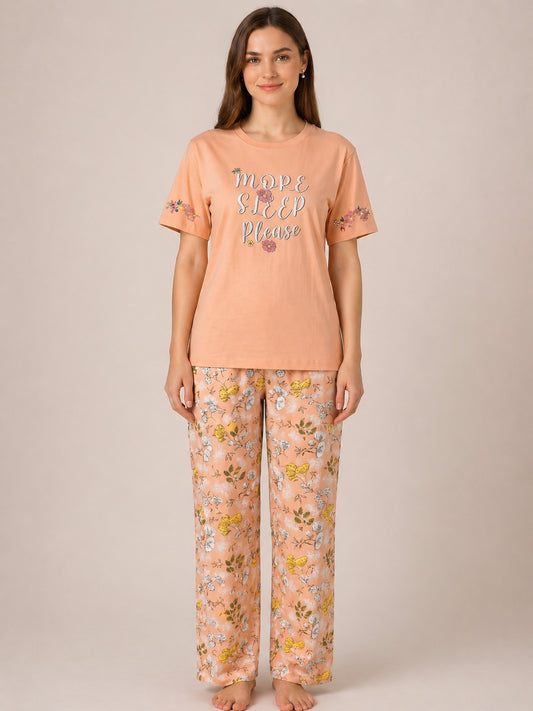 Women’s Printed Half Sleeve Rayon T-shirt & Pyjama Set Sleepwear - Coral