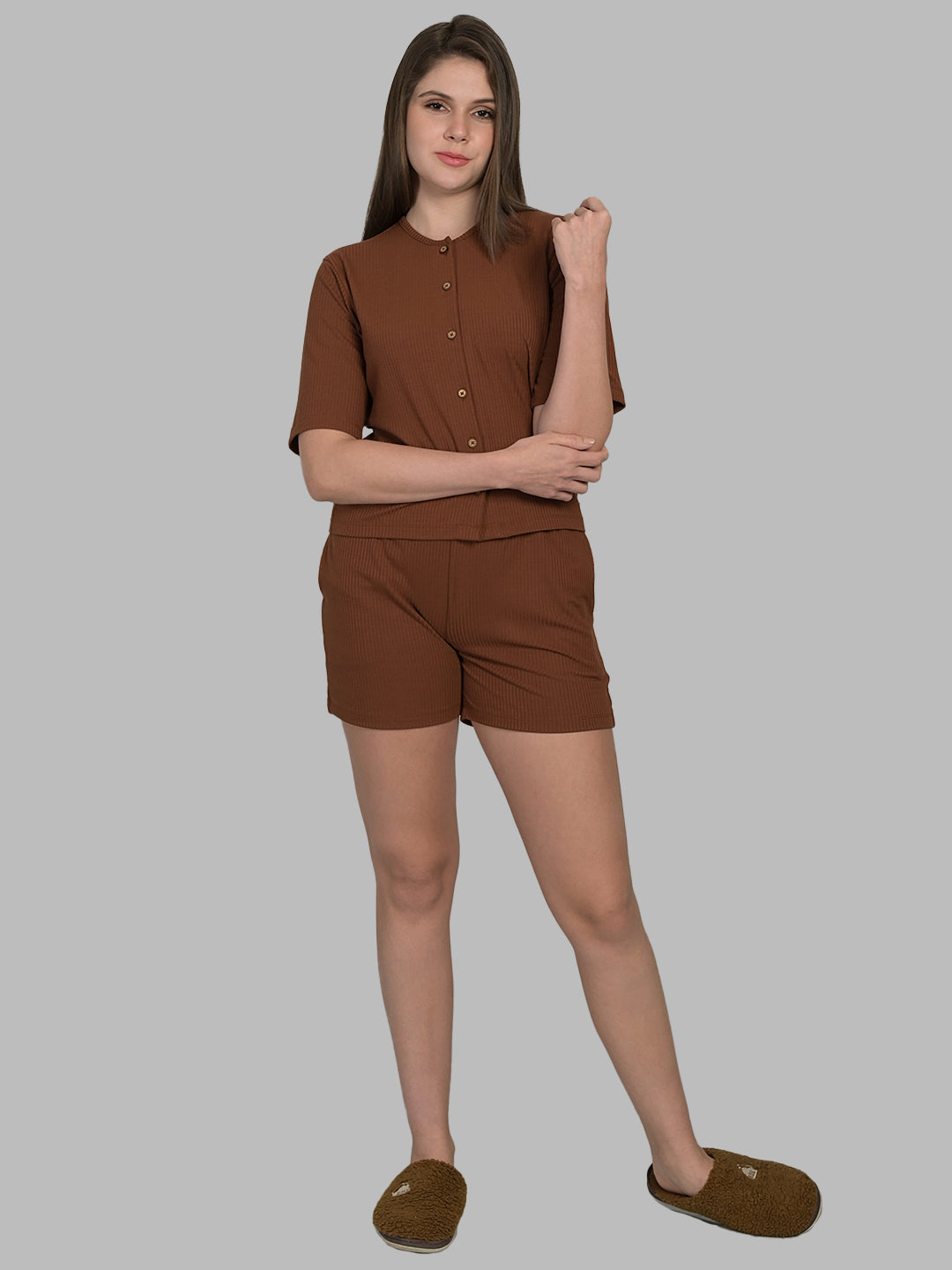 Round Neck Brown Half Sleeve Tshirt & Shorts Set