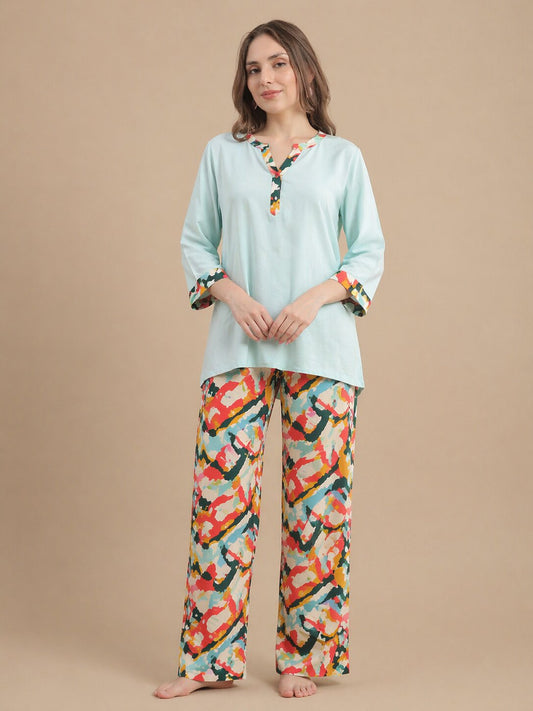 Women’s Printed Half Sleeve T-Shirt & Pyjama Set – Sand Brown and Blue