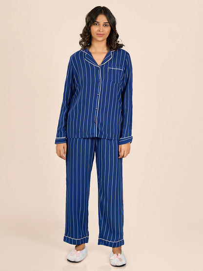 Blue Collored Full Sleeve Stripes Top & Pyjama Set