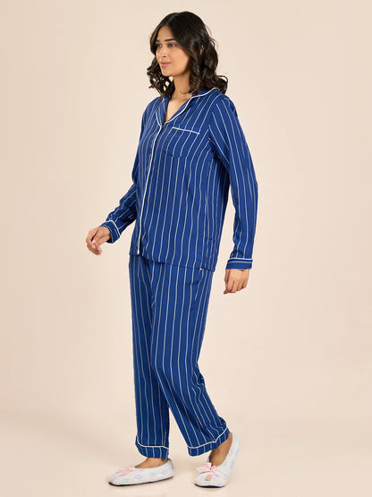 Blue Collored Full Sleeve Stripes Top & Pyjama Set