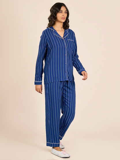 Blue Collored Full Sleeve Stripes Top & Pyjama Set