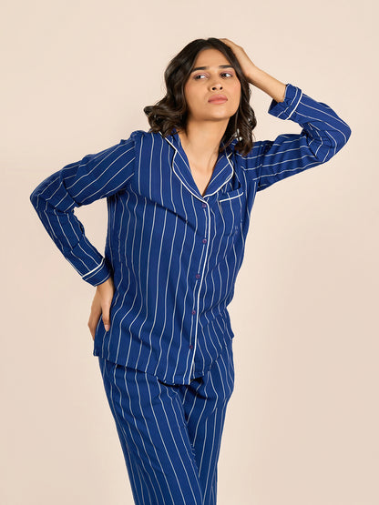 Blue Collored Full Sleeve Stripes Top & Pyjama Set