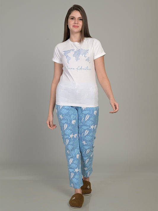 Printed Short Sleeve T-Shirt & Pyjama Set – White